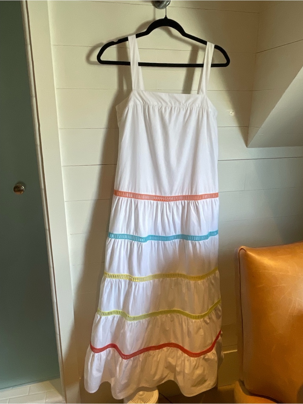 English Factory White Maxi Sundress with Coral, Blue & Yellow Trim